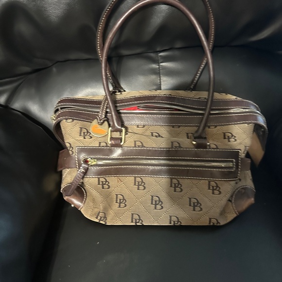 DOONEY & BOURKE Double Pocket Signature Brown Leather Doctor Handbag  Monogram - Picture 2 of 4